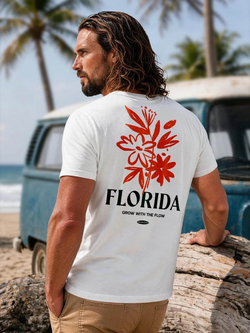 Herren T-Shirt Backprint - Design Florida Flowers - Baumwollshirt Männer Fashion Streetstyle Slim Fit