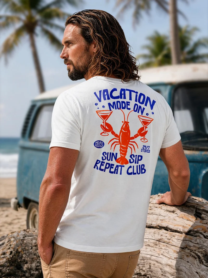 Herren T-Shirt Backprint - Design Vacation Lobster - Baumwollshirt Männer Fashion Streetstyle Slim Fit