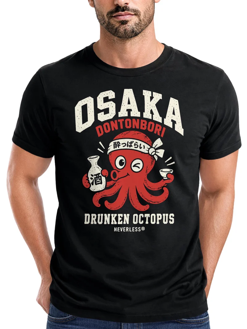 Herren T-Shirt Osaka Drunken Octopus Frontprint Slim Fit