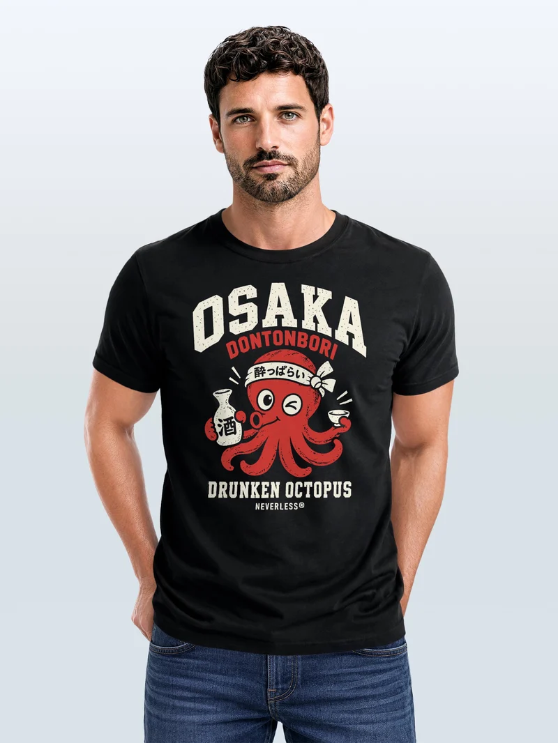 Herren T-Shirt Osaka Drunken Octopus Frontprint Slim Fit
