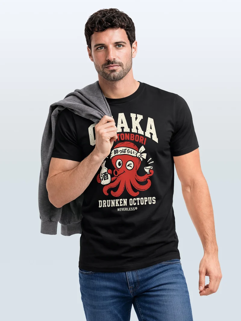 Herren T-Shirt Osaka Drunken Octopus Frontprint Slim Fit