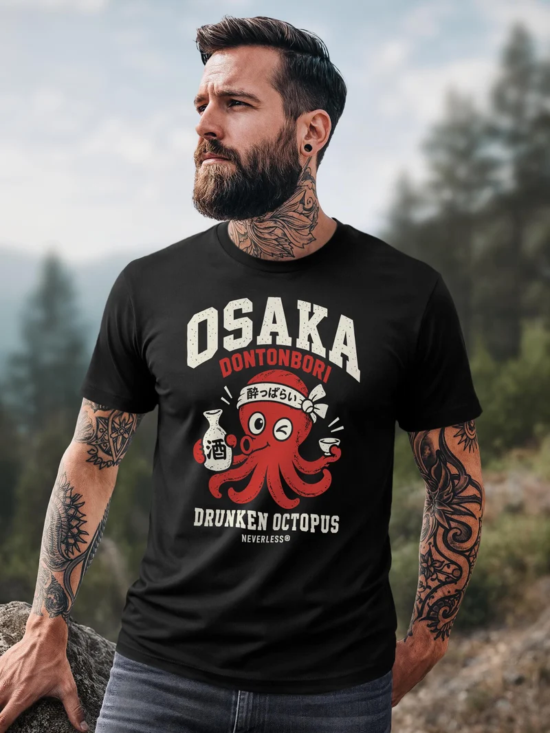 Herren T-Shirt Osaka Drunken Octopus Frontprint Slim Fit