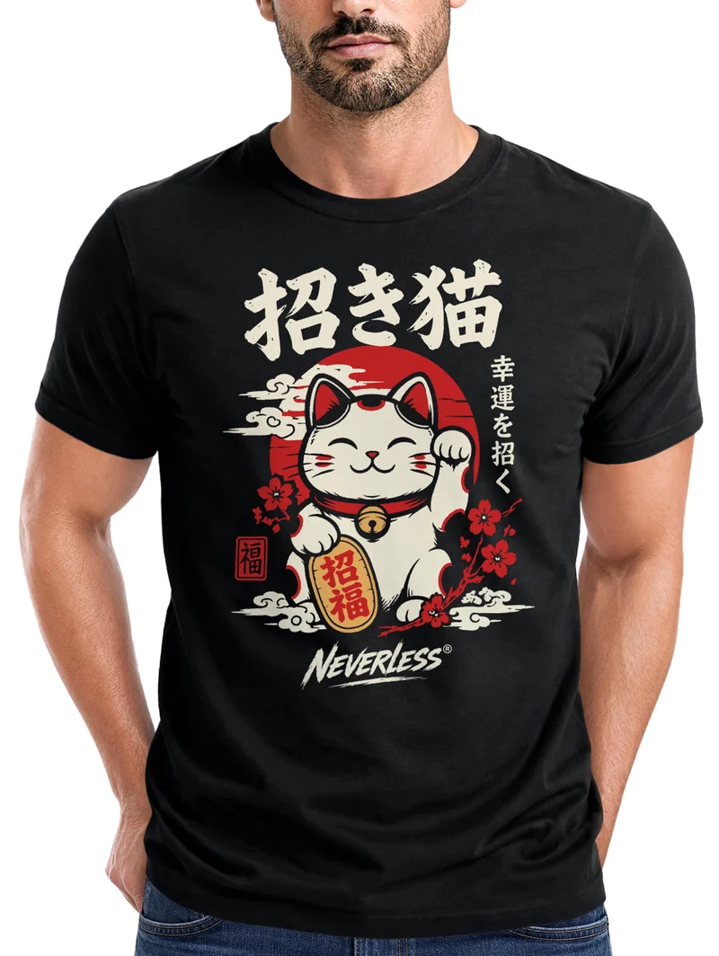 Herren T-Shirt Maneki Neko Frontprint Slim Fit