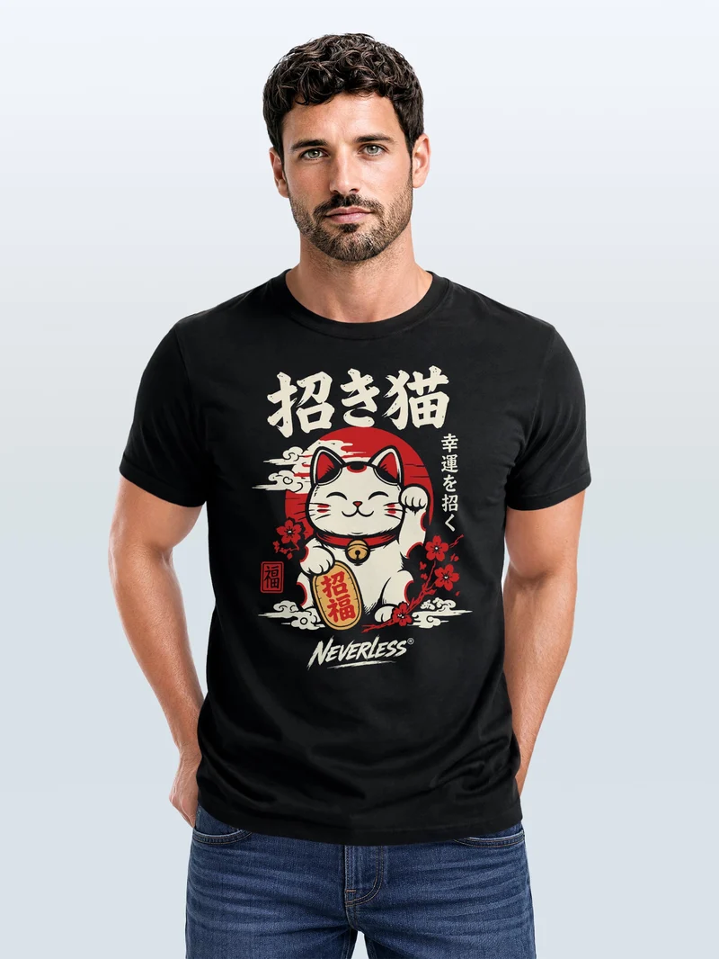 Herren T-Shirt Maneki Neko Frontprint Slim Fit