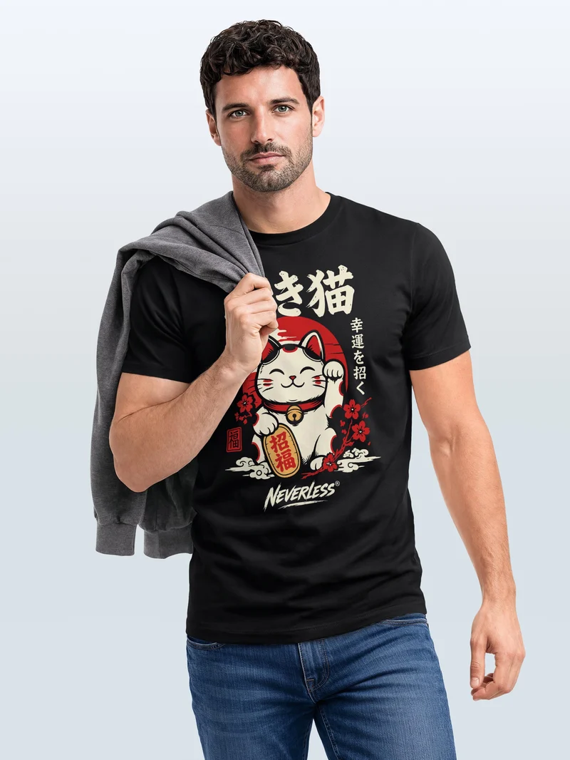 Herren T-Shirt Maneki Neko Frontprint Slim Fit