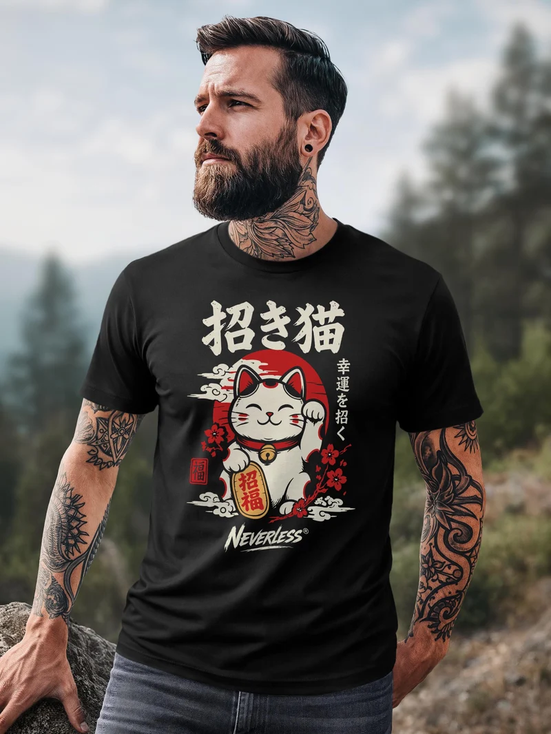 Herren T-Shirt Maneki Neko Frontprint Slim Fit