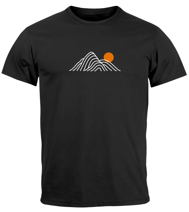 Herren T-Shirt mit Berg Print Grafikshirt mit Sonne Linien-Design Baumwolle Outdoor Style Naturmotiv für Freizeit Urlaub