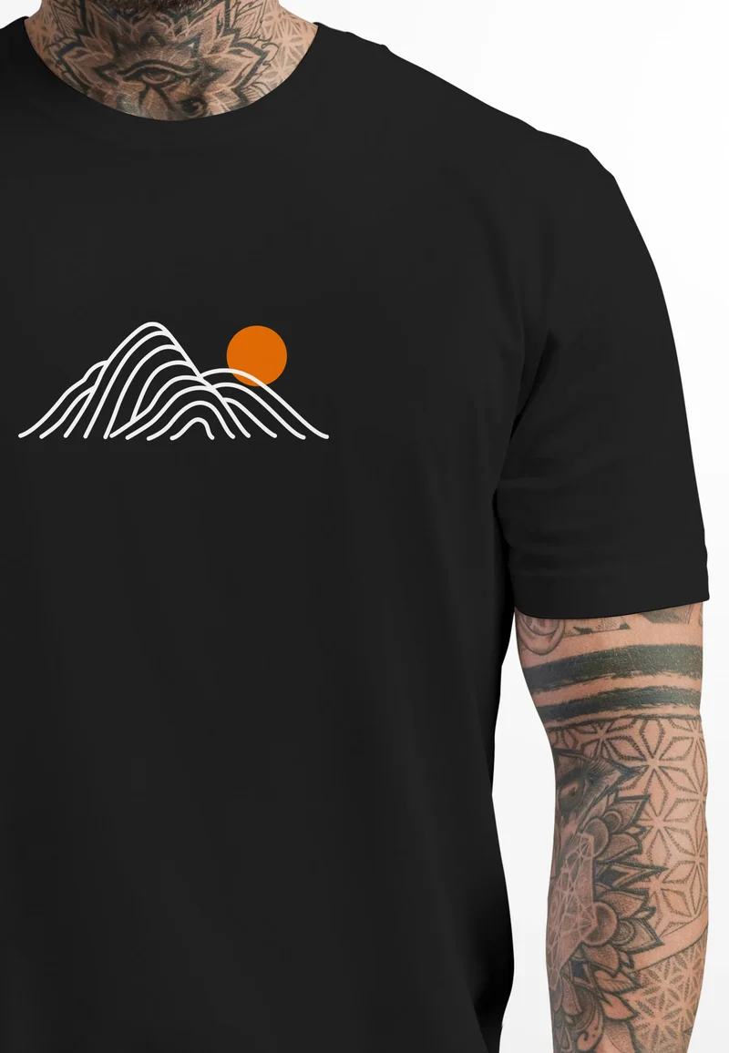 Herren T-Shirt mit Berg Print Grafikshirt mit Sonne Linien-Design Baumwolle Outdoor Style Naturmotiv für Freizeit Urlaub