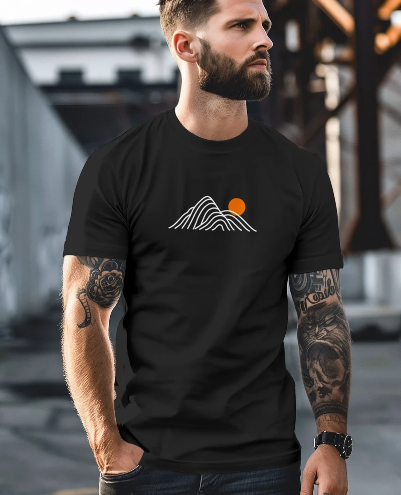 Herren T-Shirt mit Berg Print Grafikshirt mit Sonne Linien-Design Baumwolle Outdoor Style Naturmotiv für Freizeit Urlaub
