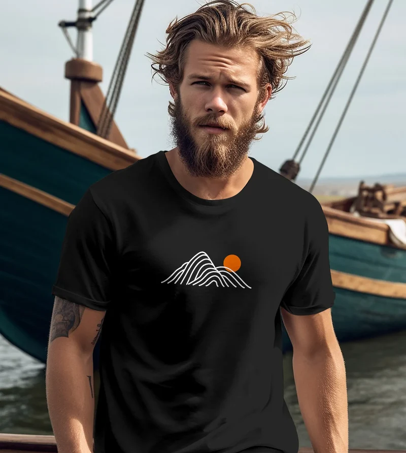 Herren T-Shirt mit Berg Print Grafikshirt mit Sonne Linien-Design Baumwolle Outdoor Style Naturmotiv für Freizeit Urlaub