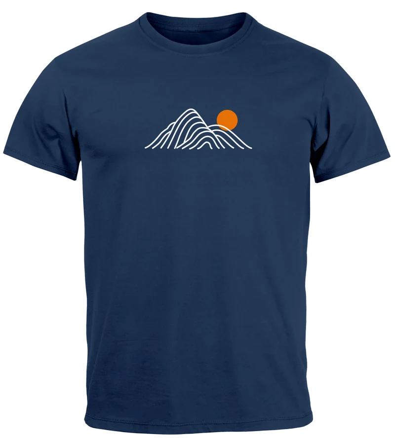 Herren T-Shirt mit Berg Print Grafikshirt mit Sonne Linien-Design Baumwolle Outdoor Style Naturmotiv für Freizeit Urlaub