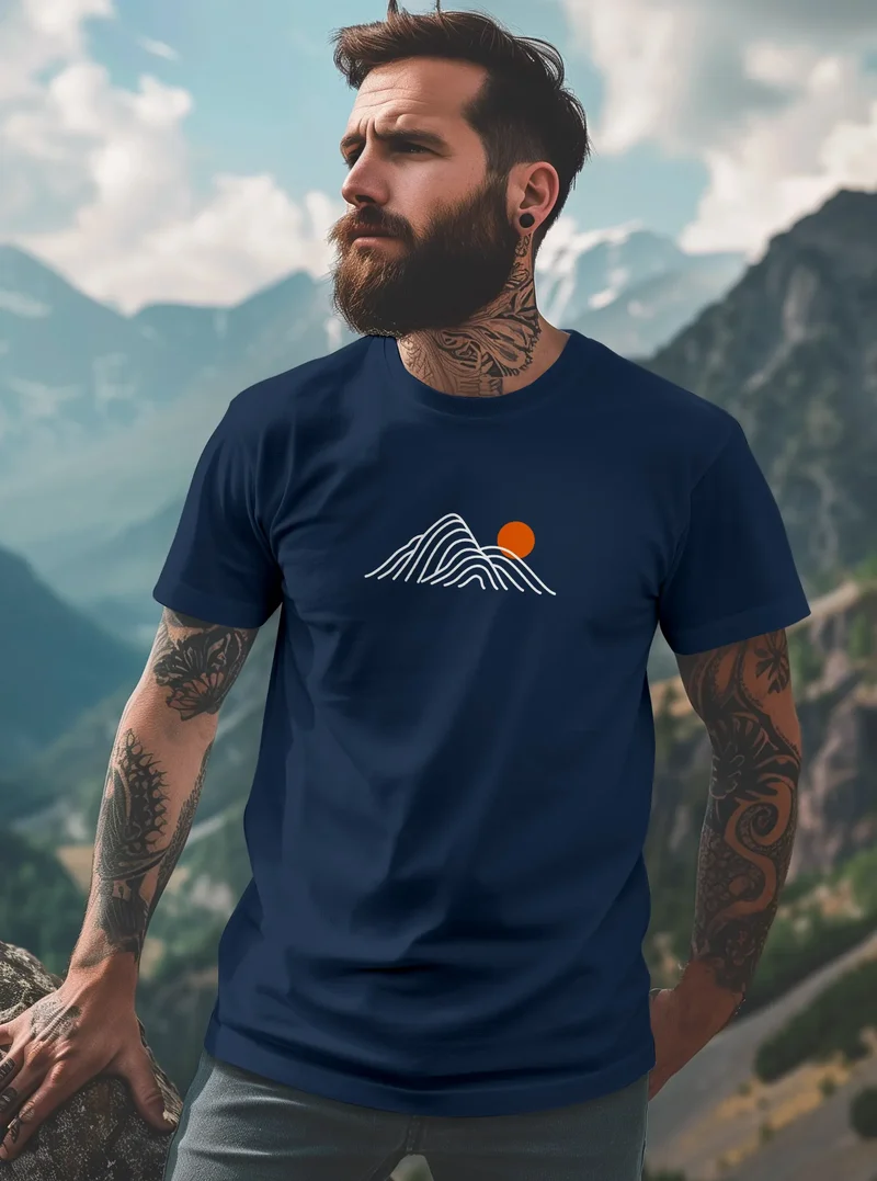 Herren T-Shirt mit Berg Print Grafikshirt mit Sonne Linien-Design Baumwolle Outdoor Style Naturmotiv für Freizeit Urlaub