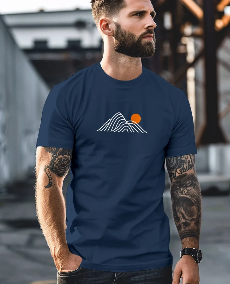 Herren T-Shirt mit Berg Print Grafikshirt mit Sonne Linien-Design Baumwolle Outdoor Style Naturmotiv für Freizeit Urlaub