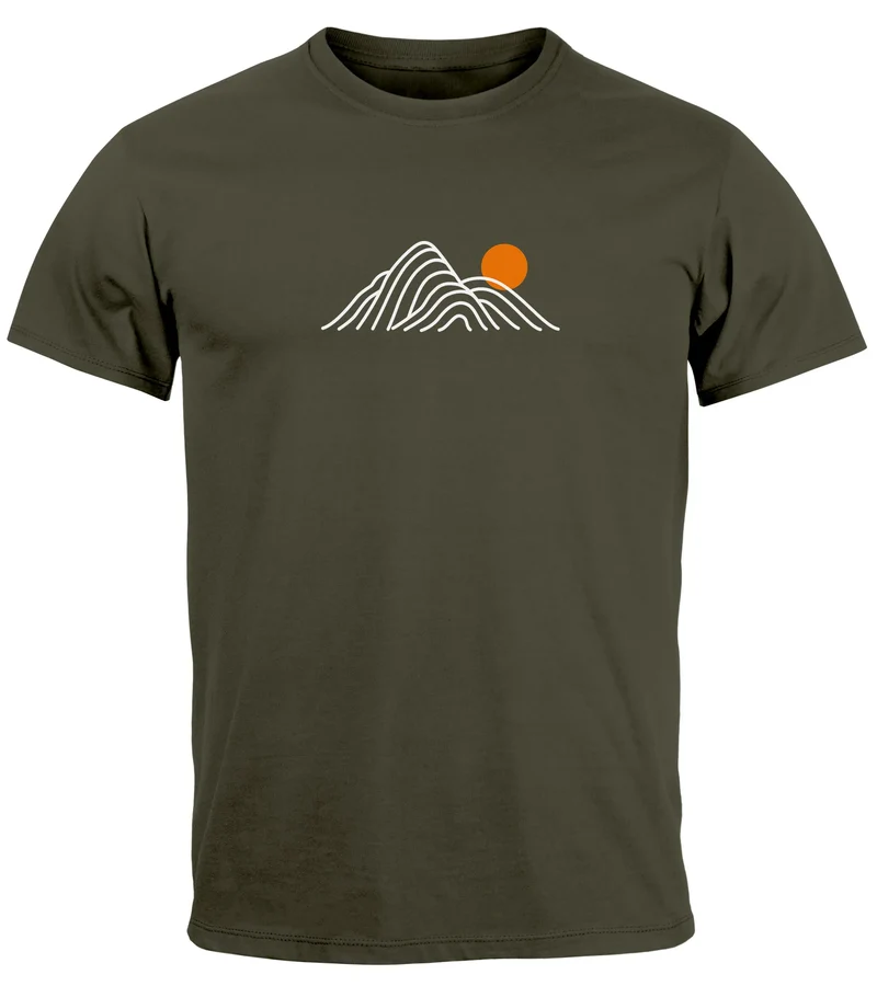 Herren T-Shirt mit Berg Print Grafikshirt mit Sonne Linien-Design Baumwolle Outdoor Style Naturmotiv für Freizeit Urlaub