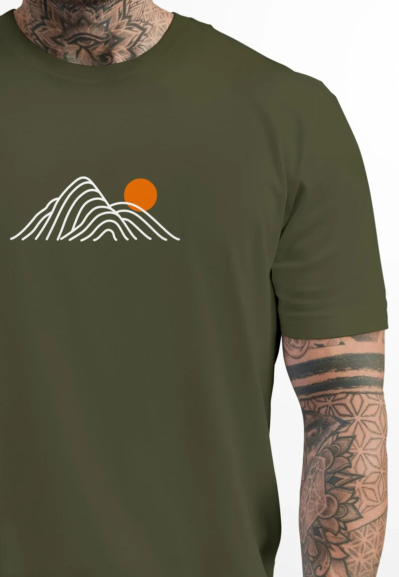 Herren T-Shirt mit Berg Print Grafikshirt mit Sonne Linien-Design Baumwolle Outdoor Style Naturmotiv für Freizeit Urlaub