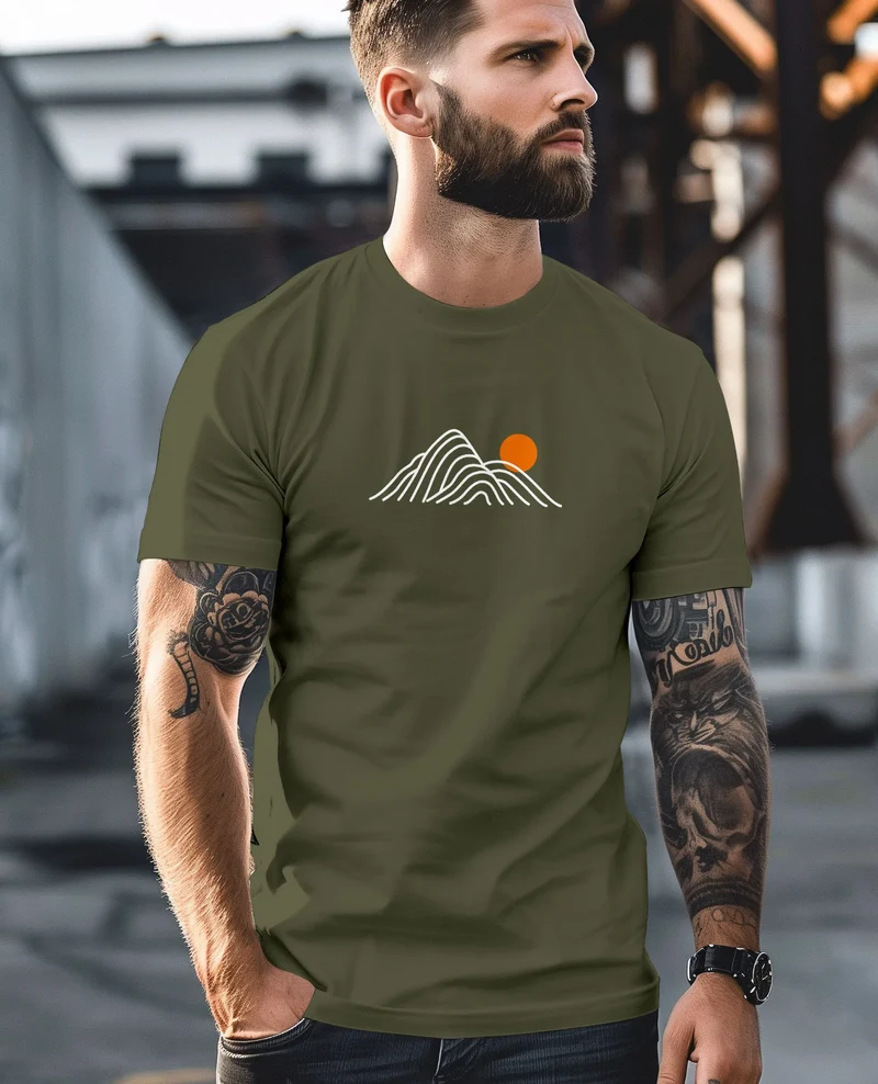 Herren T-Shirt mit Berg Print Grafikshirt mit Sonne Linien-Design Baumwolle Outdoor Style Naturmotiv für Freizeit Urlaub
