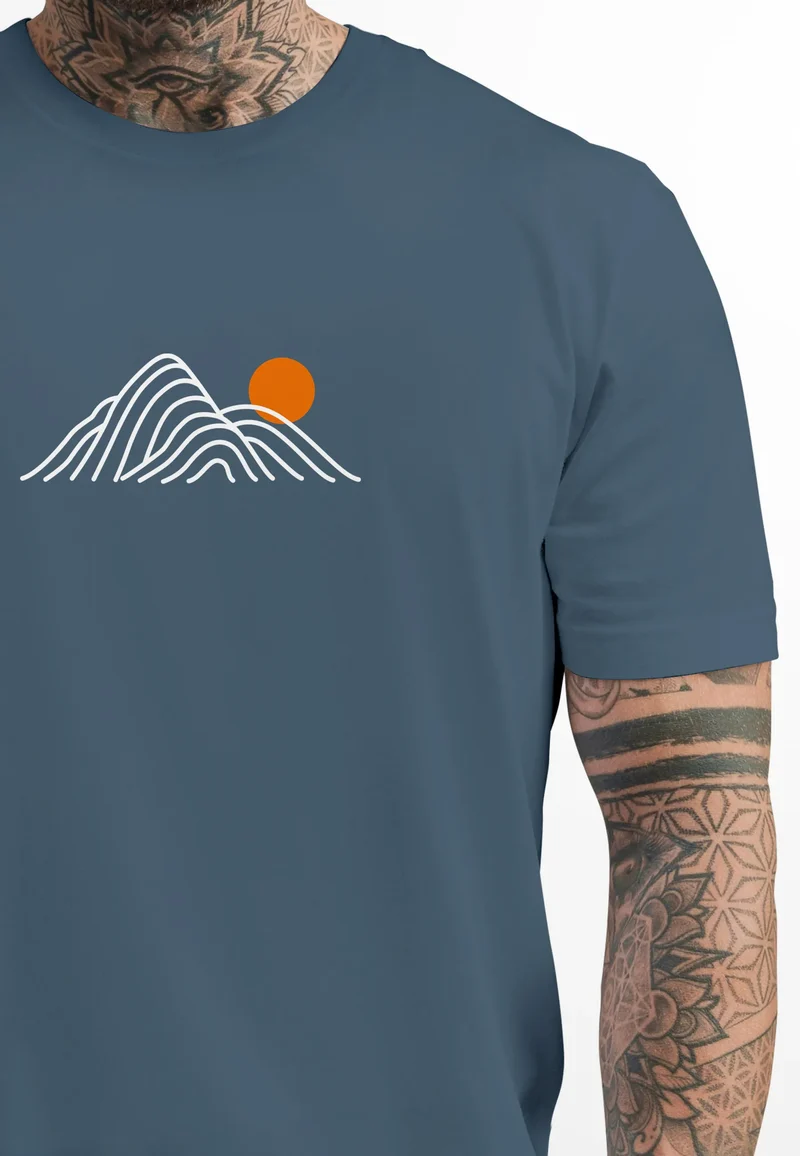 Herren T-Shirt mit Berg Print Grafikshirt mit Sonne Linien-Design Baumwolle Outdoor Style Naturmotiv für Freizeit Urlaub