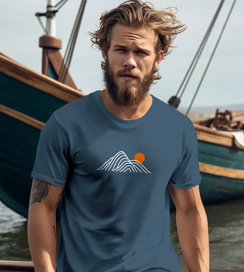 Herren T-Shirt mit Berg Print Grafikshirt mit Sonne Linien-Design Baumwolle Outdoor Style Naturmotiv für Freizeit Urlaub