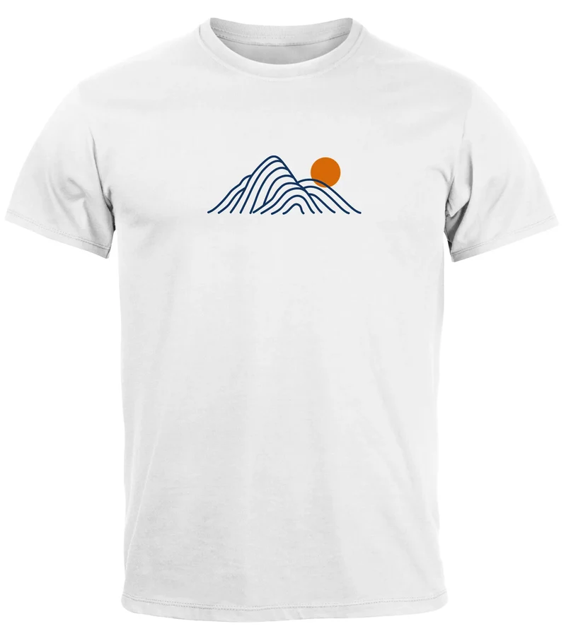 Herren T-Shirt mit Berg Print Grafikshirt mit Sonne Linien-Design Baumwolle Outdoor Style Naturmotiv für Freizeit Urlaub