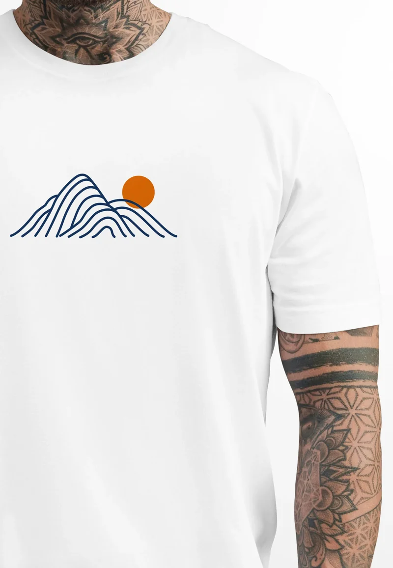 Herren T-Shirt mit Berg Print Grafikshirt mit Sonne Linien-Design Baumwolle Outdoor Style Naturmotiv für Freizeit Urlaub