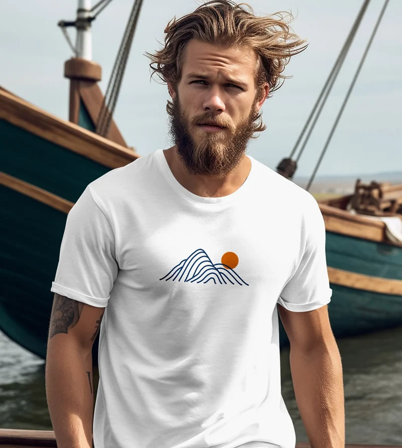 Herren T-Shirt mit Berg Print Grafikshirt mit Sonne Linien-Design Baumwolle Outdoor Style Naturmotiv für Freizeit Urlaub