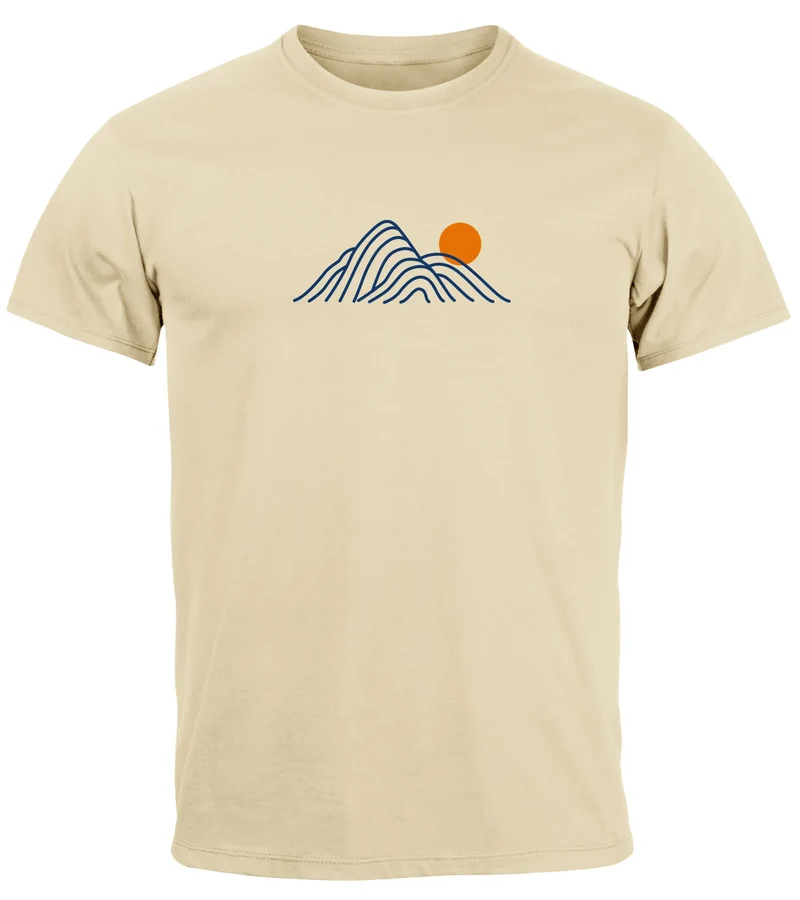 Herren T-Shirt mit Berg Print Grafikshirt mit Sonne Linien-Design Baumwolle Outdoor Style Naturmotiv für Freizeit Urlaub