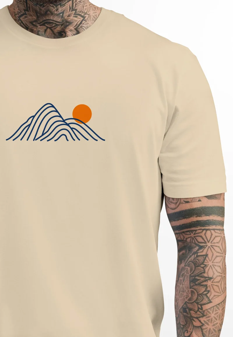 Herren T-Shirt mit Berg Print Grafikshirt mit Sonne Linien-Design Baumwolle Outdoor Style Naturmotiv für Freizeit Urlaub