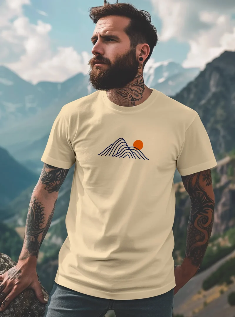 Herren T-Shirt mit Berg Print Grafikshirt mit Sonne Linien-Design Baumwolle Outdoor Style Naturmotiv für Freizeit Urlaub