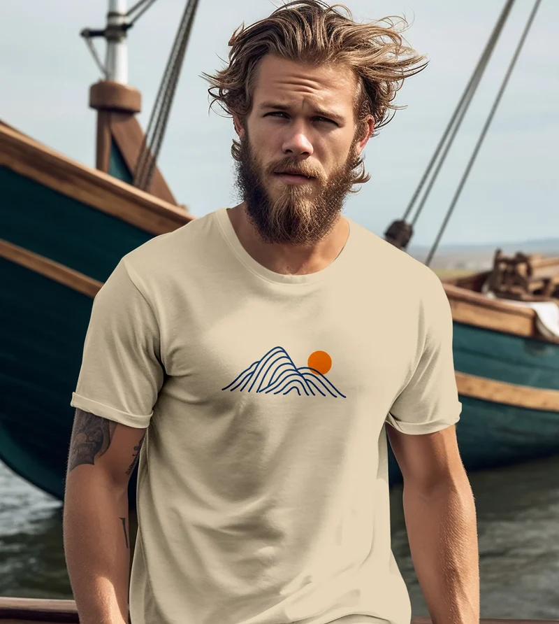 Herren T-Shirt mit Berg Print Grafikshirt mit Sonne Linien-Design Baumwolle Outdoor Style Naturmotiv für Freizeit Urlaub