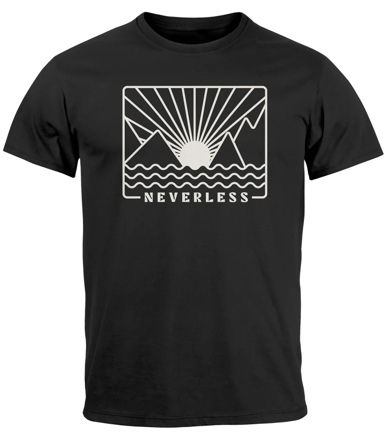 Herren T-Shirt Outdoor Grafik Line Art Berge Sonne Natur Männer Printshirt Aufdruck Schriftzug Fashion Streetstyle