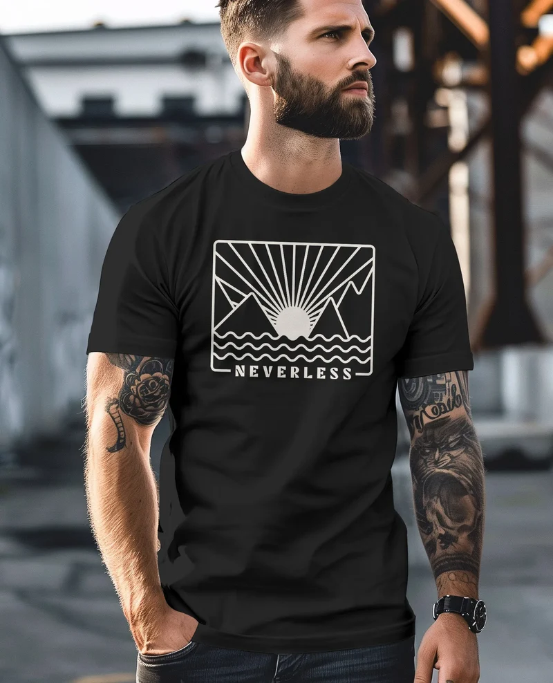 Herren T-Shirt Outdoor Grafik Line Art Berge Sonne Natur Männer Printshirt Aufdruck Schriftzug Fashion Streetstyle