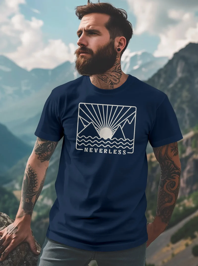 Herren T-Shirt Outdoor Grafik Line Art Berge Sonne Natur Männer Printshirt Aufdruck Schriftzug Fashion Streetstyle