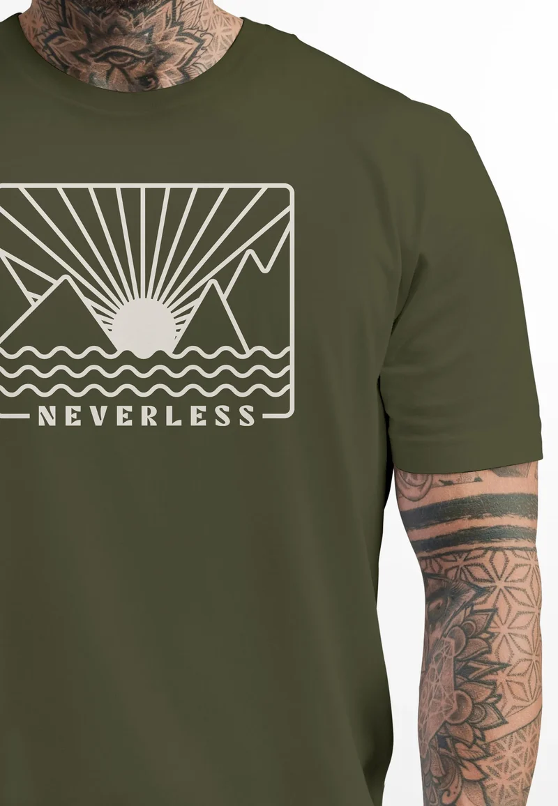 Herren T-Shirt Outdoor Grafik Line Art Berge Sonne Natur Männer Printshirt Aufdruck Schriftzug Fashion Streetstyle
