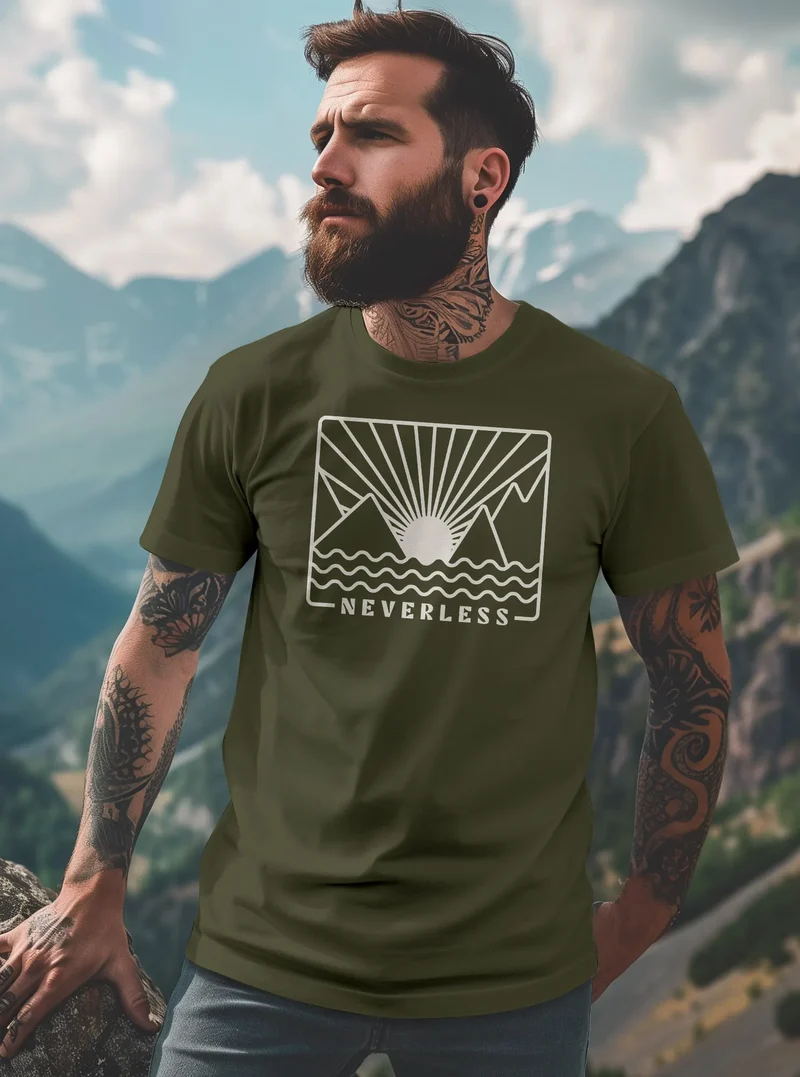 Herren T-Shirt Outdoor Grafik Line Art Berge Sonne Natur Männer Printshirt Aufdruck Schriftzug Fashion Streetstyle