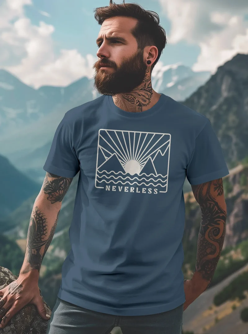 Herren T-Shirt Outdoor Grafik Line Art Berge Sonne Natur Männer Printshirt Aufdruck Schriftzug Fashion Streetstyle