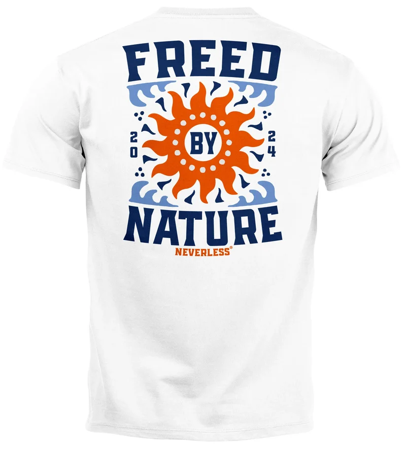 Backprint TShirt Herren Abstrakt Natur Sonne Wellen Aufschrift Freed by Nature Fashion Streetstyle