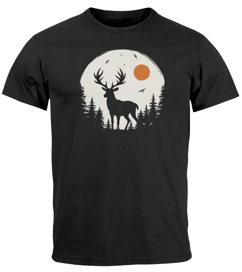 Herren T-Shirt Frontprint Hirsch Wald Outdoor Natur Wildnis Printshirt Männer Fashion Streetstyle