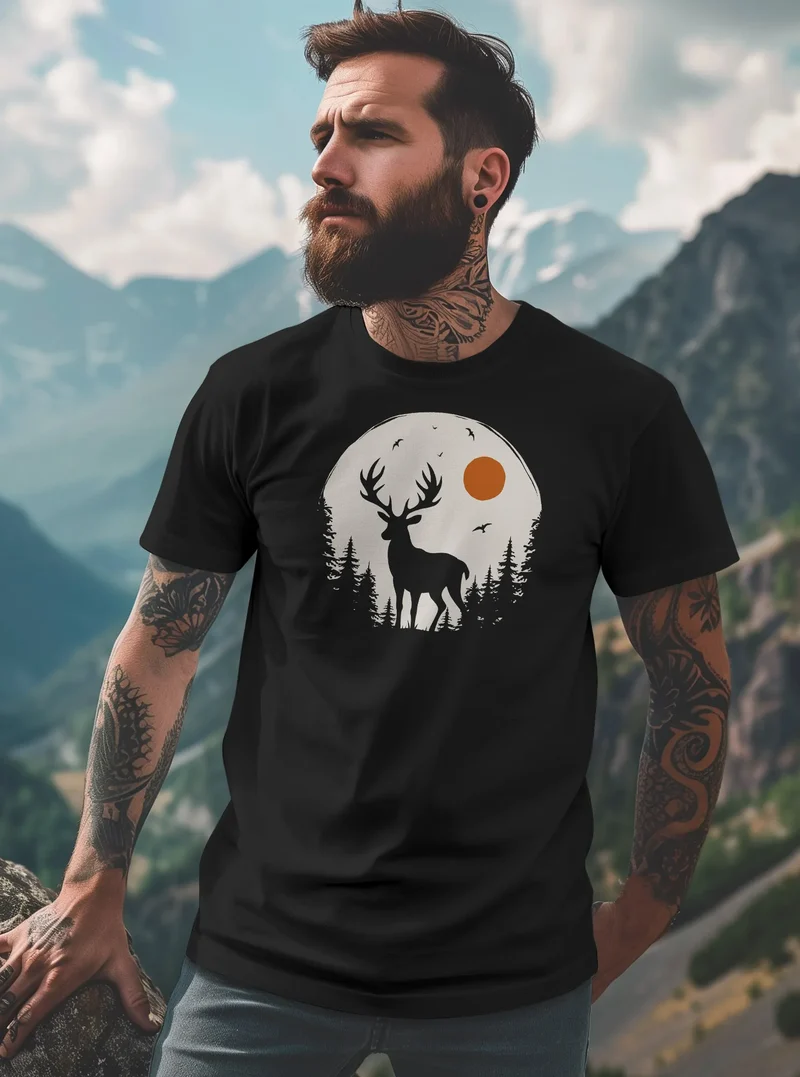 Herren T-Shirt Frontprint Hirsch Wald Outdoor Natur Wildnis Printshirt Männer Fashion Streetstyle