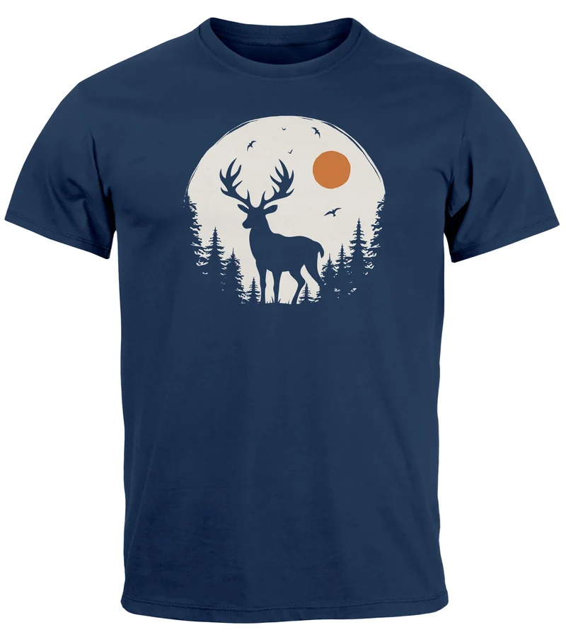 Herren T-Shirt Frontprint Hirsch Wald Outdoor Natur Wildnis Printshirt Männer Fashion Streetstyle