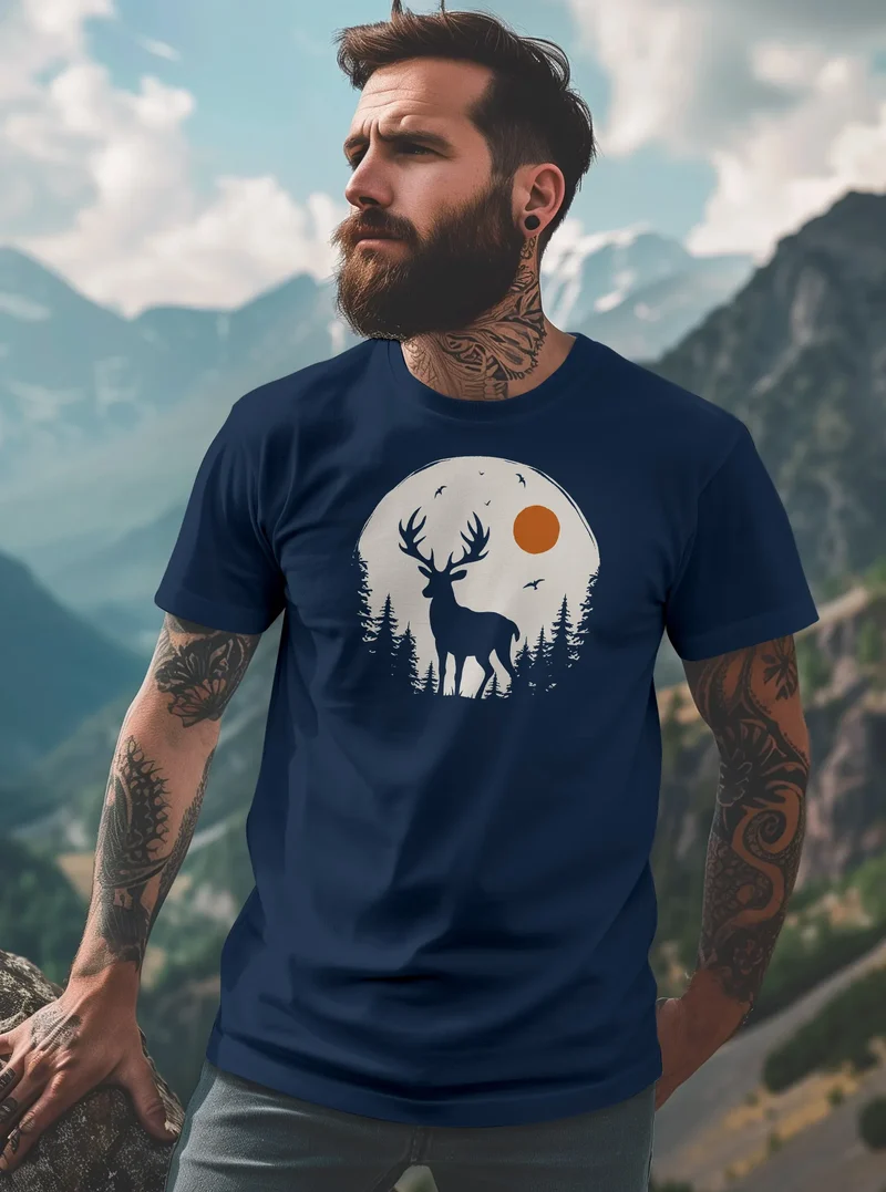 Herren T-Shirt Frontprint Hirsch Wald Outdoor Natur Wildnis Printshirt Männer Fashion Streetstyle