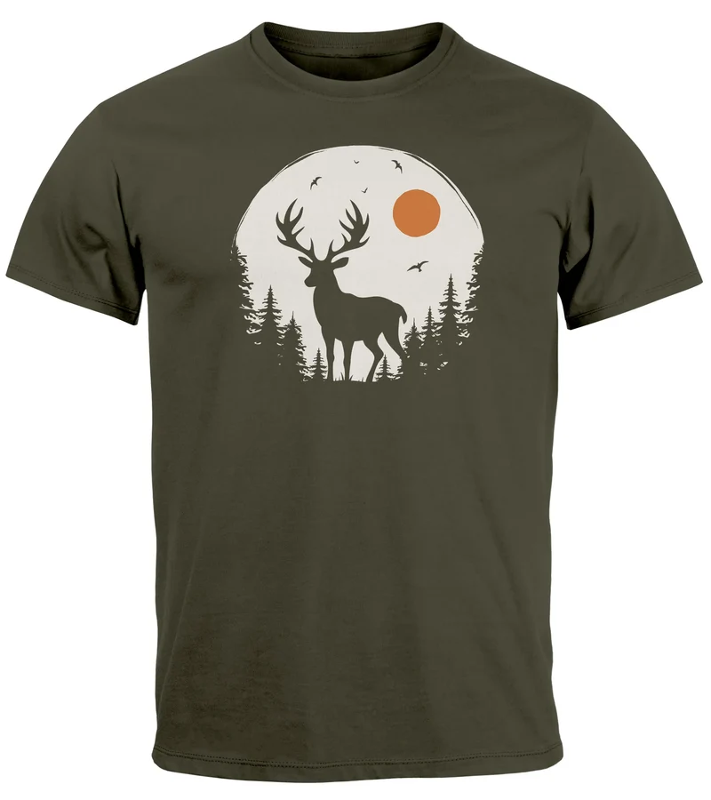 Herren T-Shirt Frontprint Hirsch Wald Outdoor Natur Wildnis Printshirt Männer Fashion Streetstyle
