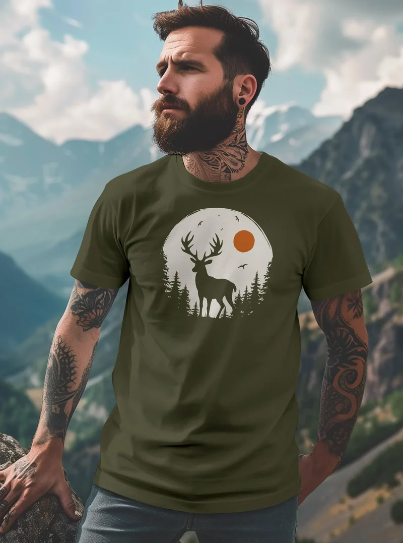 Herren T-Shirt Frontprint Hirsch Wald Outdoor Natur Wildnis Printshirt Männer Fashion Streetstyle