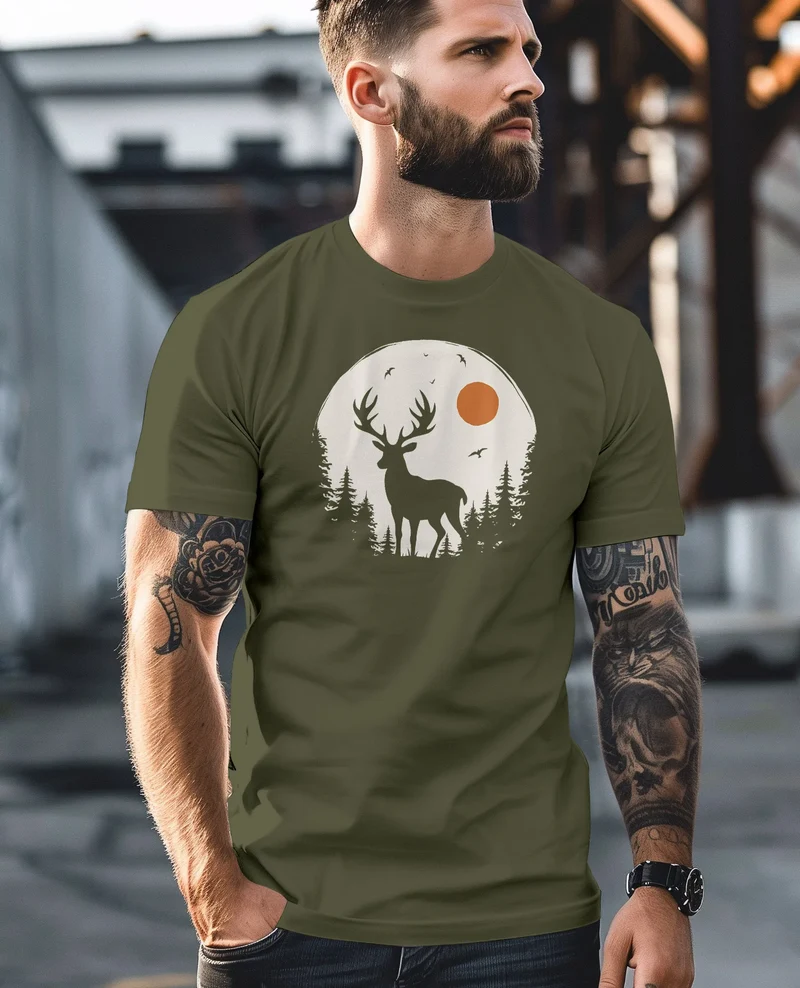 Herren T-Shirt Frontprint Hirsch Wald Outdoor Natur Wildnis Printshirt Männer Fashion Streetstyle