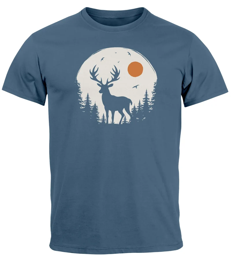Herren T-Shirt Frontprint Hirsch Wald Outdoor Natur Wildnis Printshirt Männer Fashion Streetstyle