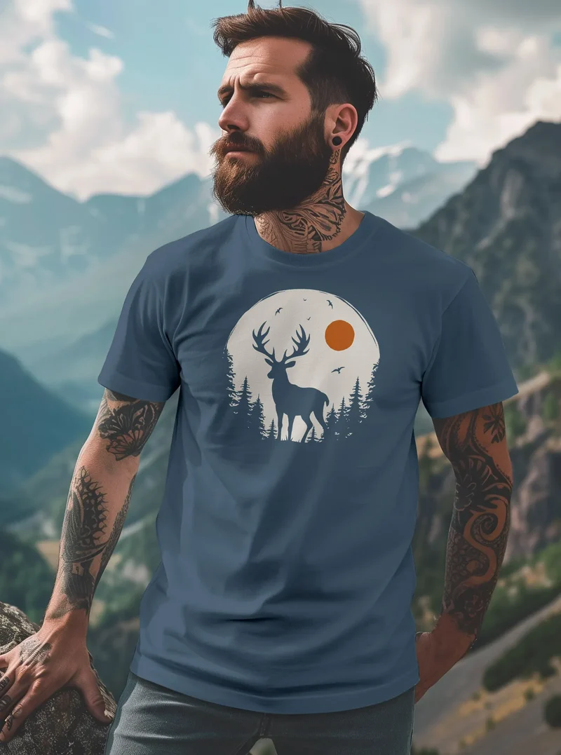 Herren T-Shirt Frontprint Hirsch Wald Outdoor Natur Wildnis Printshirt Männer Fashion Streetstyle