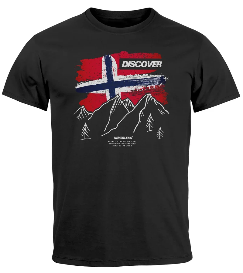 Herren T-Shirt Norwegen Flagge Berge Discover Printshirt Outdoor Fashion Streetstyle Männer