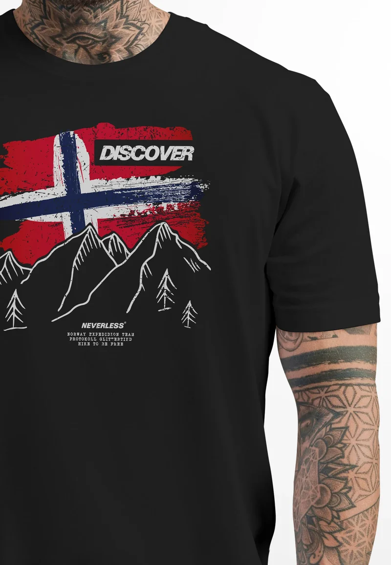 Herren T-Shirt Norwegen Flagge Berge Discover Printshirt Outdoor Fashion Streetstyle Männer