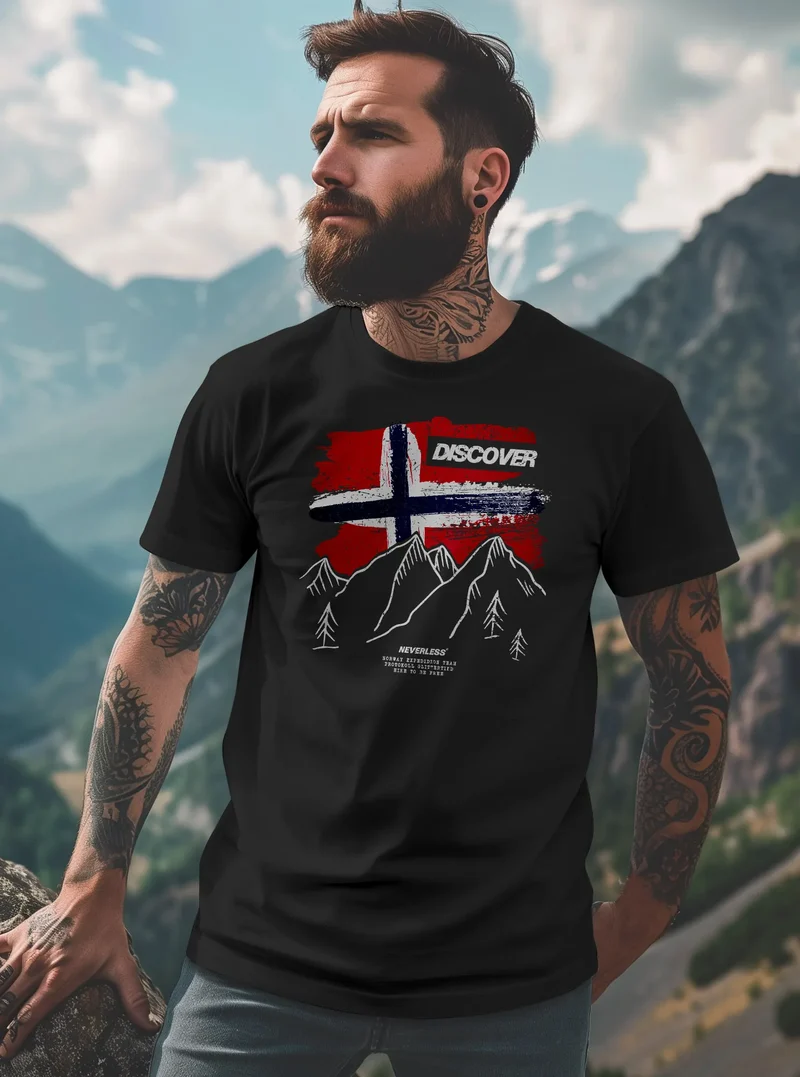 Herren T-Shirt Norwegen Flagge Berge Discover Printshirt Outdoor Fashion Streetstyle Männer
