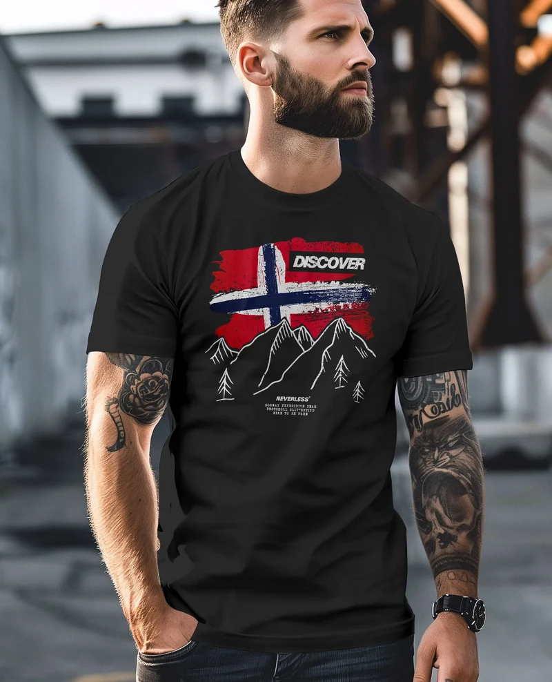 Herren T-Shirt Norwegen Flagge Berge Discover Printshirt Outdoor Fashion Streetstyle Männer