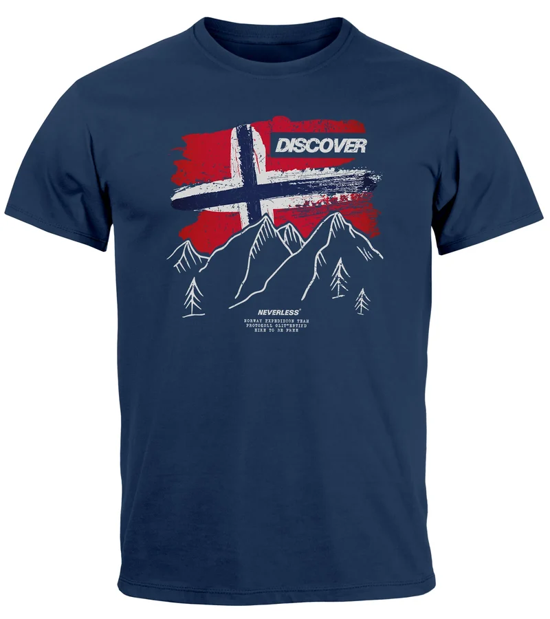 Herren T-Shirt Norwegen Flagge Berge Discover Printshirt Outdoor Fashion Streetstyle Männer